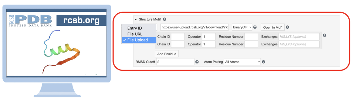 <I>Use the first drop-down to switch to the &ldquo;File Upload&rdquo; mode.  Use the toggle button (not shown) to include Computed Structure Models (CSMs) in the search results.</I>